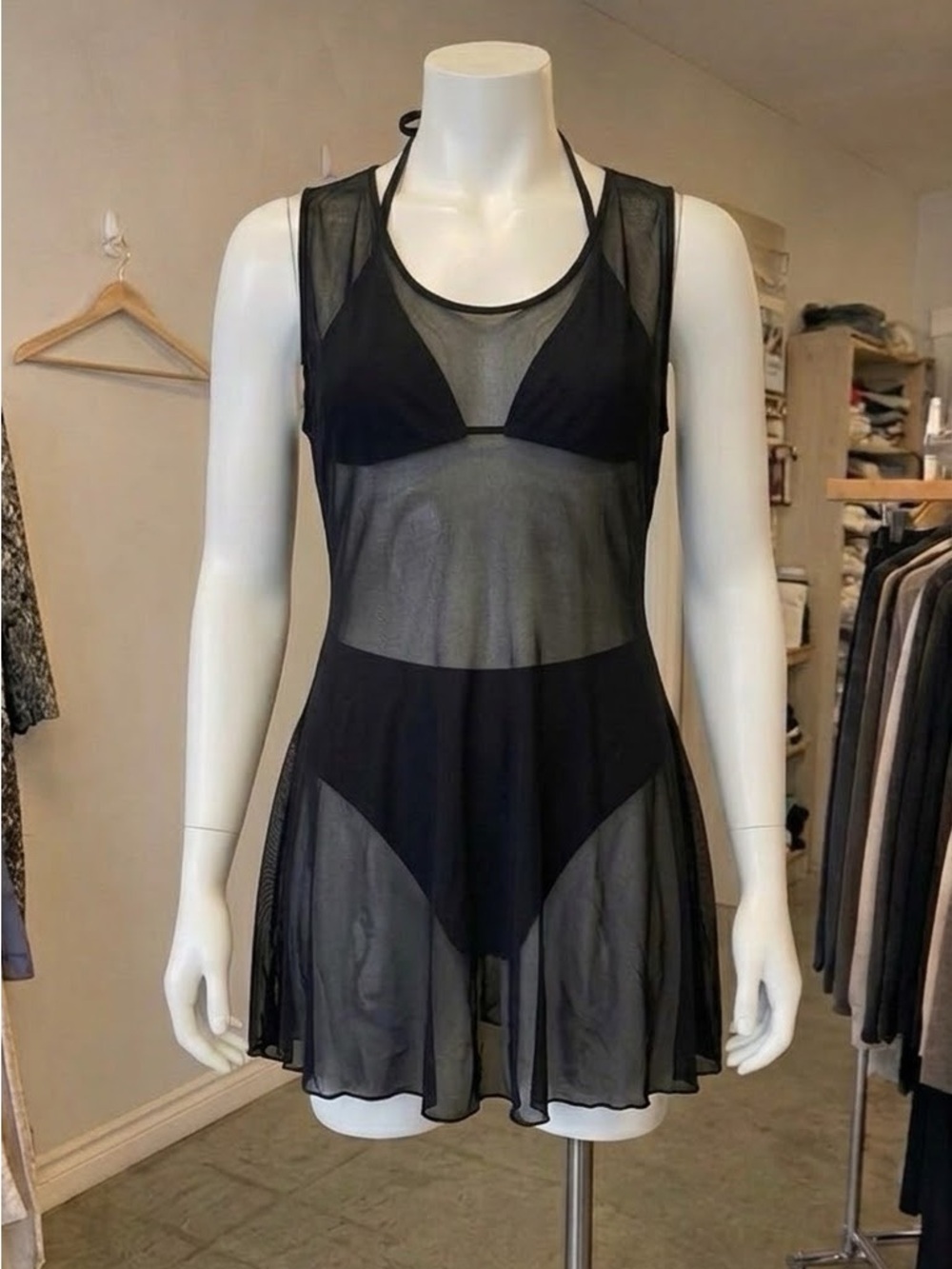 Black 3 Piece Bikini Set High Waist Swimsuit Mesh Cover Dress Size Medium